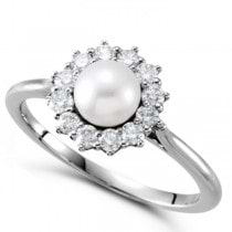 Freshwater Pearl & Diamond Halo Ring 14k White Gold 5.50-6mm 0.33ct
