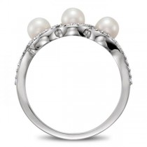 Freshwater 3 Pearl Ring with Diamond Halo 14k White Gold 4.5mm 0.25ct