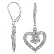 Diamond Fleur De Lis in Heart Earrings Sterling Silver 0.10ctw