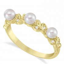 Pearl & Diamond Leaf Pattern Stackable Ring 14k Yellow Gold (3.50 mm)