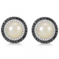 Freshwater Pearl Halo Earrings with Black Diamonds 14K W. Gold 0.50cw