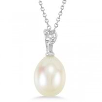 Freshwater Pearl Pendant with Diamond Accent Crown 14K W. Gold 0.01cw