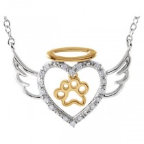 Diamond Angel Heart Paw Pendant in Two Tone Sterling Silver (0.08ct)