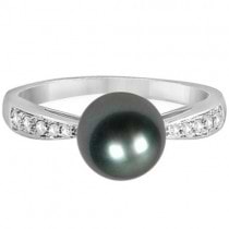 Diamond and Cultured Tahitian Pearl Ring 14K White Gold (8mm)