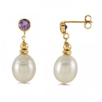Oval Freshwater Pearl & Amethyst Drop Earrings 14k Yellow Gold 0.40ct