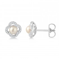 Diamond Accent Halo Cultured Freshwater Pearl Earrings 14k White Gold (0.15ct)