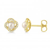 Diamond Accent Halo Cultured Freshwater Pearl Earrings 14k Yellow Gold (0.15ct)