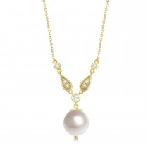 Freshwater Pearl & Diamond Accented Necklace 14k Yellow Gold (10mm)
