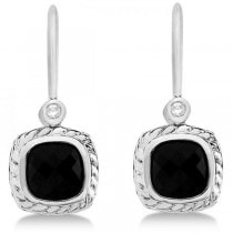 Diamond & Cushion Cut Black Onyx Dangle Earrings 14k White Gold (2.13ct)