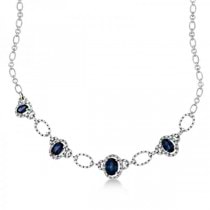 Diamond Oval Blue Sapphire Chain Necklace 14k White Gold (3.65ct)