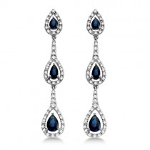 Three Stone Diamond & Blue Sapphire Drop Earrings 14k White Gold (1.70ct)