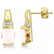 Opal Earrings with Pink Tourmaline & Diamonds 14K Yellow Gold 1.73ct