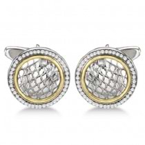 Round Engraved Diamond Cuff Links 14k Gold & Sterling Silver (0.50ct)