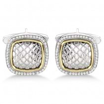 Square Engraved Diamond Cuff Links 14k Gold & Sterling Silver (0.50ct)