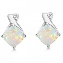 Diamond & Cushion Opal Drop Earrings 14k White Gold (2.70ct)