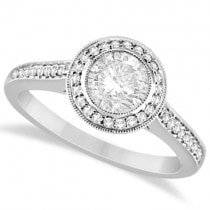 Bezel Set Moissanite & Diamond Halo Engagement Ring 14K W. Gold 1.01ctw