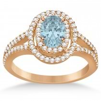 Double Halo Diamond & Aquamarine Engagement Ring 14K Rose Gold 1.34ctw