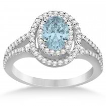 Double Halo Diamond & Aquamarine Engagement Ring 14K White Gold 1.34ctw