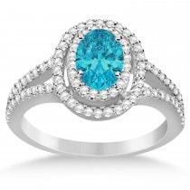 Double Halo Diamond & Blue Diamond Engagement Ring 14K White Gold 1.34ctw