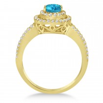 Double Halo Diamond & Blue Diamond Engagement Ring 14K Yellow Gold 1.34ctw
