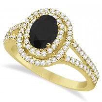 Double Halo Diamond & Black Diamond Engagement Ring 14K Yellow Gold 1.34ctw
