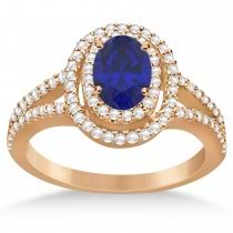 Double Halo Diamond & Blue Sapphire Engagement Ring 14K Rose Gold 1.34ctw
