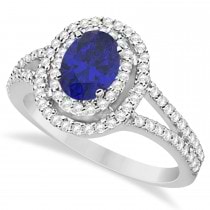 Double Halo Diamond & Blue Sapphire Engagement Ring 14K White Gold 1.34ctw