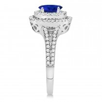 Double Halo Diamond & Blue Sapphire Engagement Ring 14K White Gold 1.34ctw