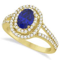 Double Halo Diamond & Blue Sapphire Engagement Ring 14K Yellow Gold 1.34ctw
