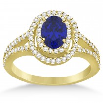 Double Halo Diamond & Blue Sapphire Engagement Ring 14K Yellow Gold 1.34ctw