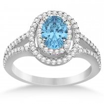 Double Halo Diamond & Blue Topaz Engagement Ring 14K White Gold 1.34ctw