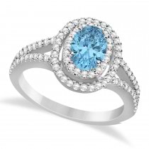 Double Halo Diamond & Blue Topaz Engagement Ring 14K White Gold 1.34ctw