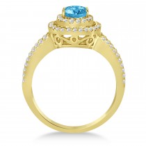 Double Halo Diamond & Blue Topaz Engagement Ring 14K Yellow Gold 1.34ctw