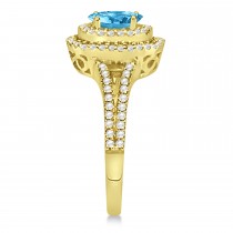 Double Halo Diamond & Blue Topaz Engagement Ring 14K Yellow Gold 1.34ctw