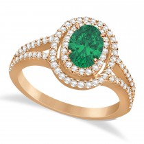Double Halo Diamond & Emerald Engagement Ring 14K Rose Gold 1.34ctw