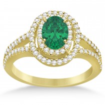 Double Halo Diamond & Emerald Engagement Ring 14K Yellow Gold 1.34ctw