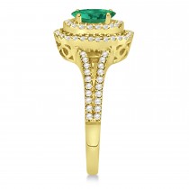 Double Halo Diamond & Emerald Engagement Ring 14K Yellow Gold 1.34ctw