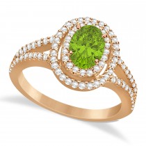 Double Halo Diamond & Peridot Engagement Ring 14K Rose Gold 1.34ctw