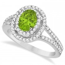 Double Halo Diamond & Peridot Engagement Ring 14K White Gold 1.34ctw