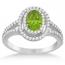Double Halo Diamond & Peridot Engagement Ring 14K White Gold 1.34ctw