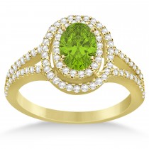 Double Halo Diamond & Peridot Engagement Ring 14K Yellow Gold 1.34ctw