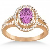 Double Halo Diamond & Pink Sapphire Engagement Ring 14K Rose Gold 1.34ctw