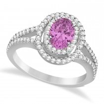Double Halo Diamond & Pink Sapphire Engagement Ring 14K White Gold 1.34ctw