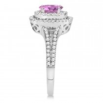 Double Halo Diamond & Pink Sapphire Engagement Ring 14K White Gold 1.34ctw