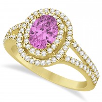 Double Halo Diamond & Pink Sapphire Engagement Ring 14K Yellow Gold 1.34ctw