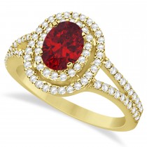 Double Halo Diamond & Ruby Engagement Ring 14K Yellow Gold 1.34ctw
