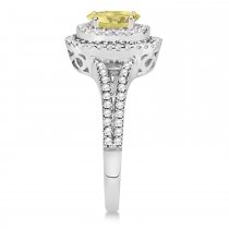 Double Halo Diamond & Yellow Diamond Engagement Ring 14K White Gold 1.34ctw