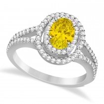 Double Halo Diamond & Yellow Sapphire Engagement Ring 14K White Gold 1.34ctw