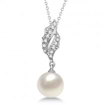 Freshwater Cultured Pearl & Diamond Pendant Necklace 14K W. Gold (7.50mm)
