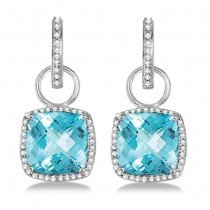 Square Blue Topaz & Diamond Halo Drop Earrings 14K White Gold 9.04ctw
